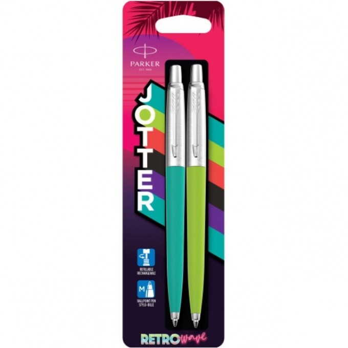 Набор ручек PARKER JOTTER ORIGINALS BALLPOINT PENS 80'S RETRO WAVE, APPLE GREEN + CARIBBEAN BLUE 2186315 Набор ручек PARKER JOTTER ORIGINALS BALLPOINT PENS 80'S RETRO WAVE, APPLE GREEN + CARIBBEAN BLUE 2186315